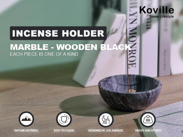 Koville natural marble incense holder pro d 130 t 45 in Wooden Black with burning incense stick