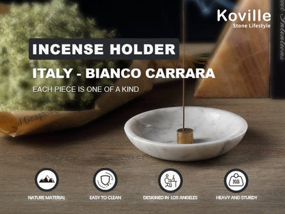Koville natural marble incense holder pro d 150 t 30 in Bianco Carrara with burning incense stick