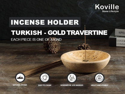 Koville natural marble incense holder pro d 150 t 40 in Golden Travertine with burning incense stick