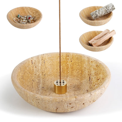 Koville natural marble incense holder pro d 150 t 40 in Golden Travertine with burning incense stick