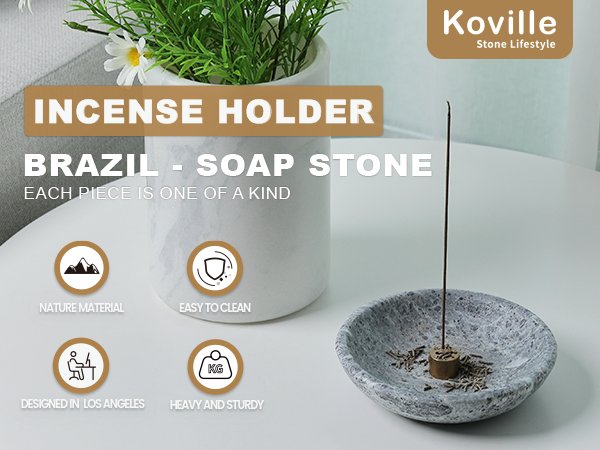 Koville natural marble incense holder pro d 150 t 40 in Soap Stone with burning incense stick