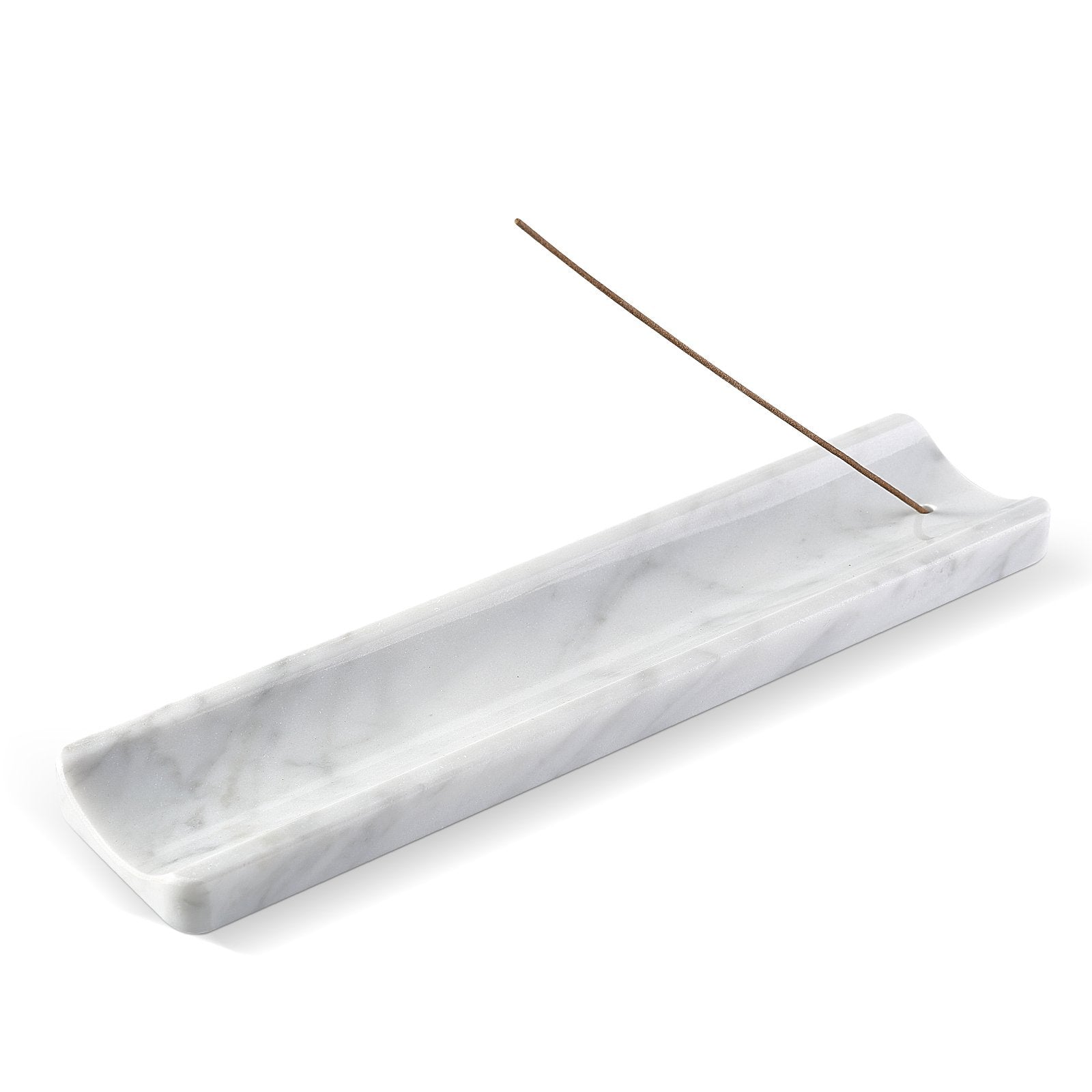Koville natural marble incense holder slanted hole in Bianco Carrara with burning incense stick