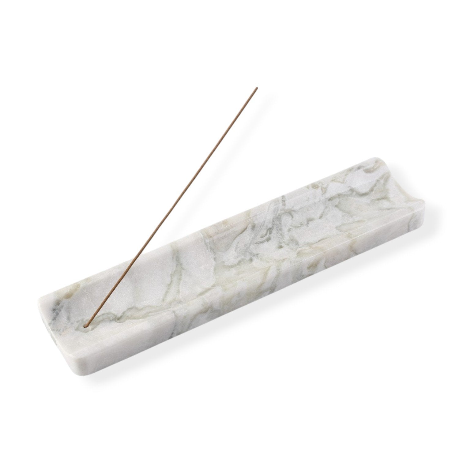 Koville natural marble incense holder slanted hole in Bianco Palomino with burning incense stick