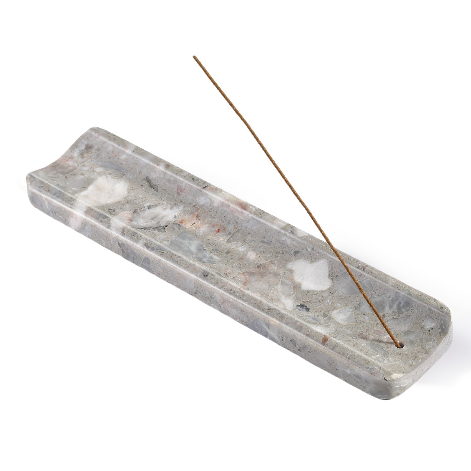 Koville natural marble incense holder slanted hole in Fior di Pesco Quarella with burning incense stick
