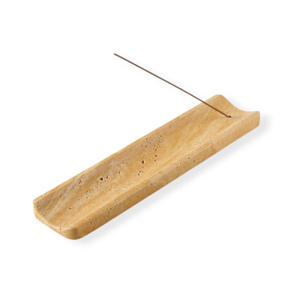 Koville natural marble incense holder slanted hole in Golden Travertine with burning incense stick