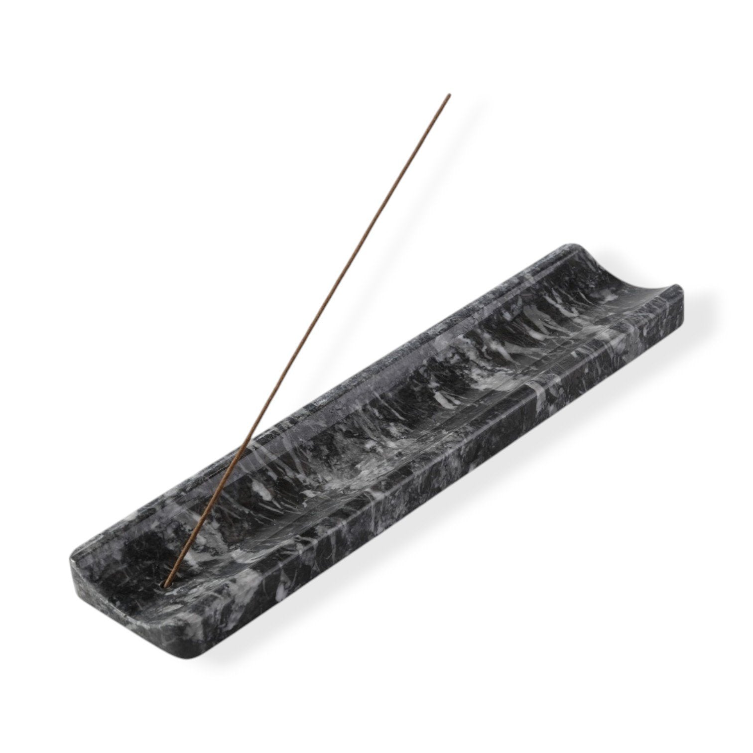 Koville natural marble incense holder slanted hole in Grigio Carnico with burning incense stick