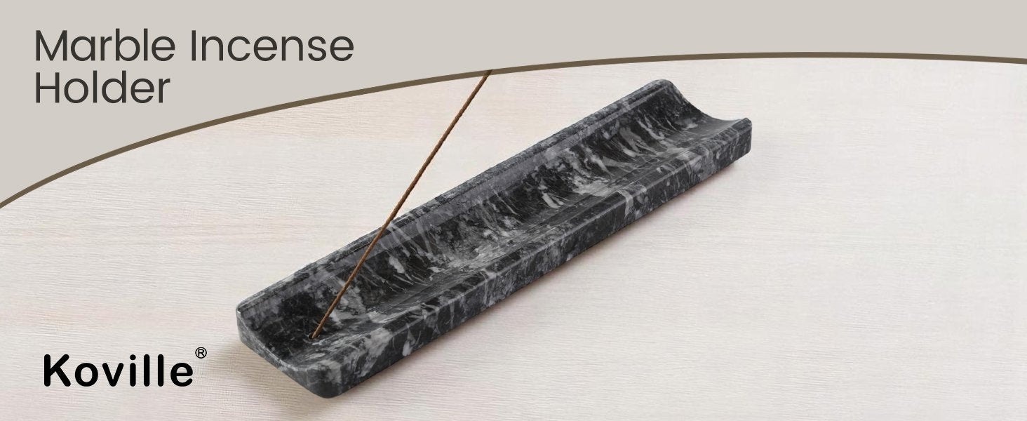 Koville natural marble incense holder slanted hole in Grigio Carnico with burning incense stick