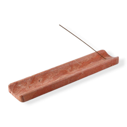 Koville natural marble incense holder slanted hole in Red Travertine with burning incense stick
