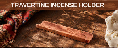 Koville natural marble incense holder slanted hole in Red Travertine with burning incense stick