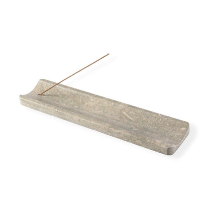 Koville natural marble incense holder slanted hole in Rustic Green Light with burning incense stick