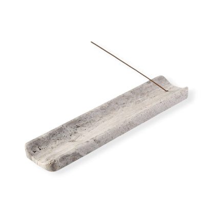 Koville natural marble incense holder slanted hole in Travertine Silver with burning incense stick