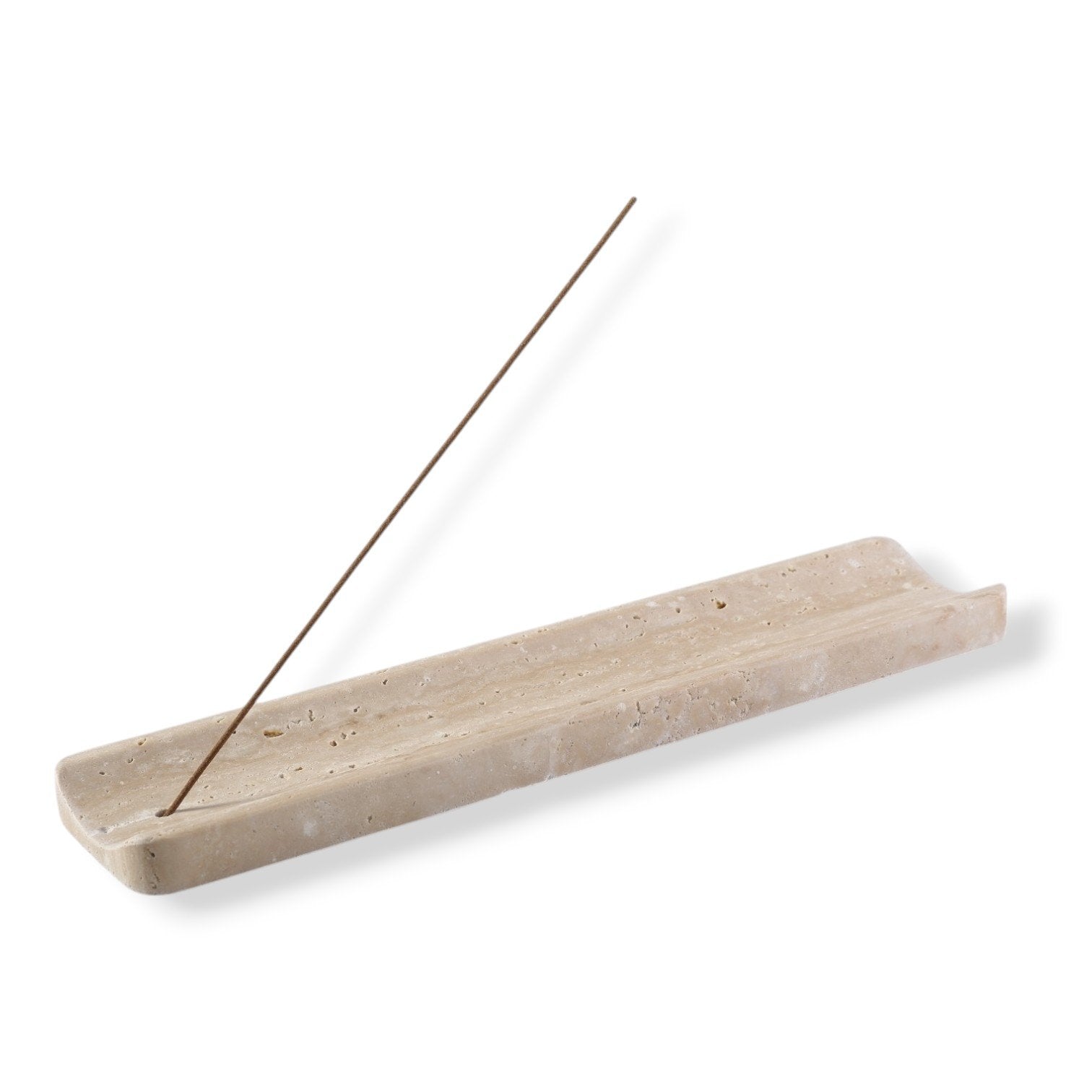 Koville natural marble incense holder slanted hole in Travertino Romano with burning incense stick
