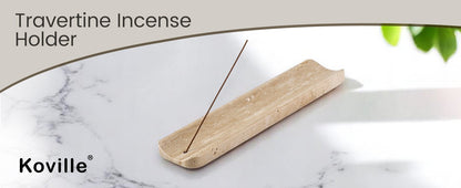 Koville natural marble incense holder slanted hole in Travertino Romano with burning incense stick