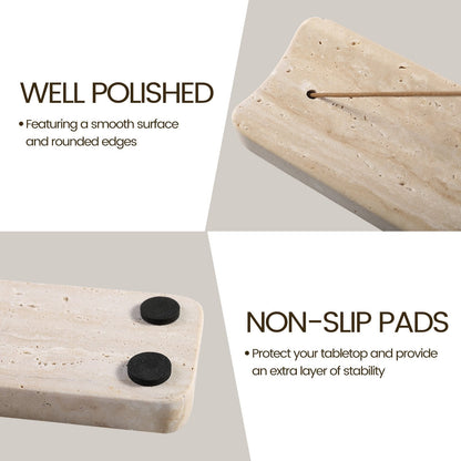 Koville natural marble incense holder slanted hole in Travertino Romano with burning incense stick
