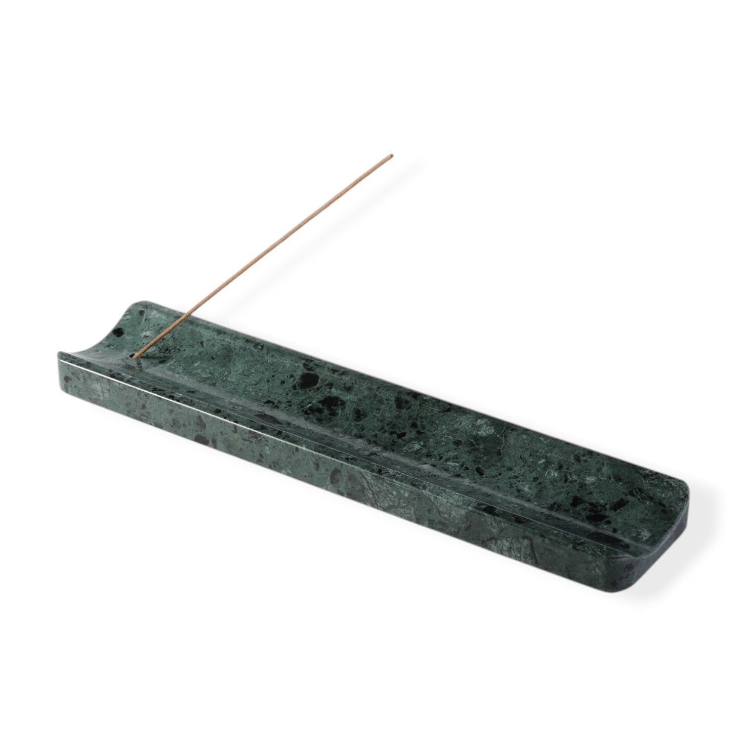 Koville natural marble incense holder slanted hole in Verde Alpi with burning incense stick
