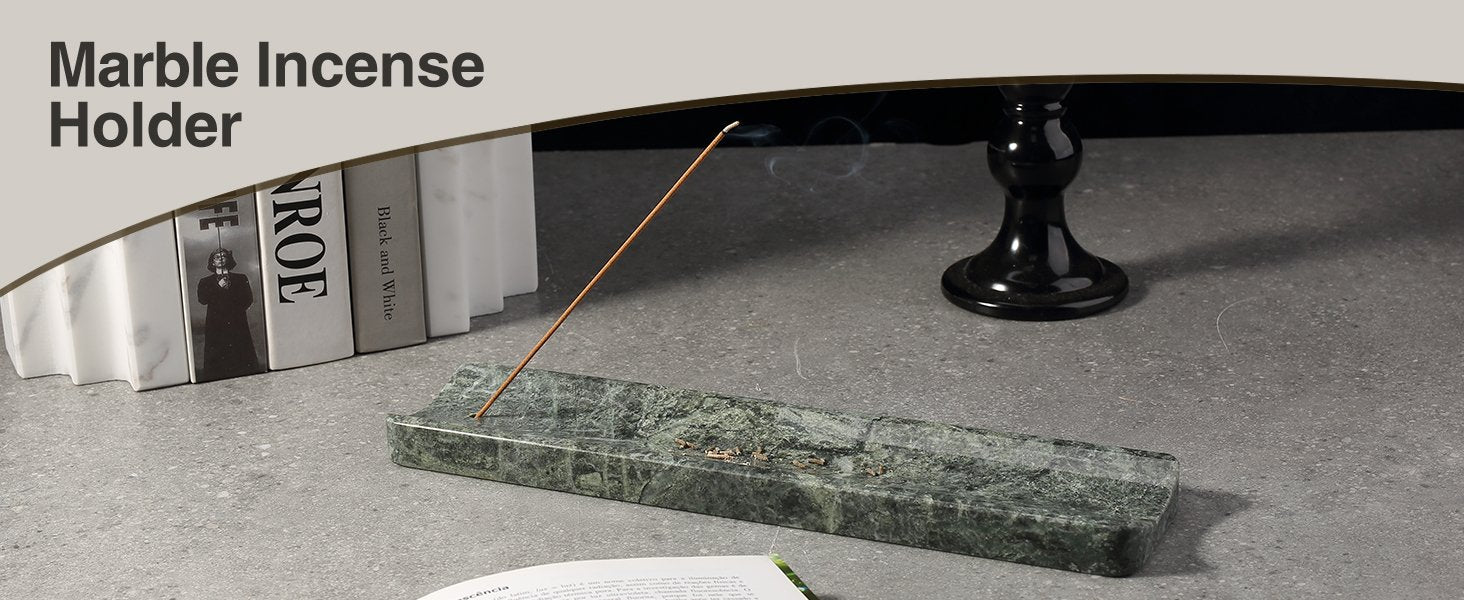 Koville natural marble incense holder slanted hole in Verde Alpi with burning incense stick