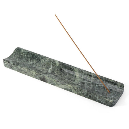 Koville natural marble incense holder slanted hole in Verde Alpi with burning incense stick