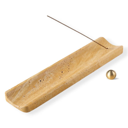 Koville natural marble incense burner in Golden Travertine with burning incense stick