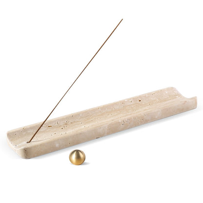 Koville natural marble incense burner in Light BeigeTravertine with burning incense stick