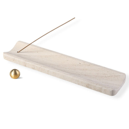 Koville natural marble incense burner in Moca Crema with burning incense stick