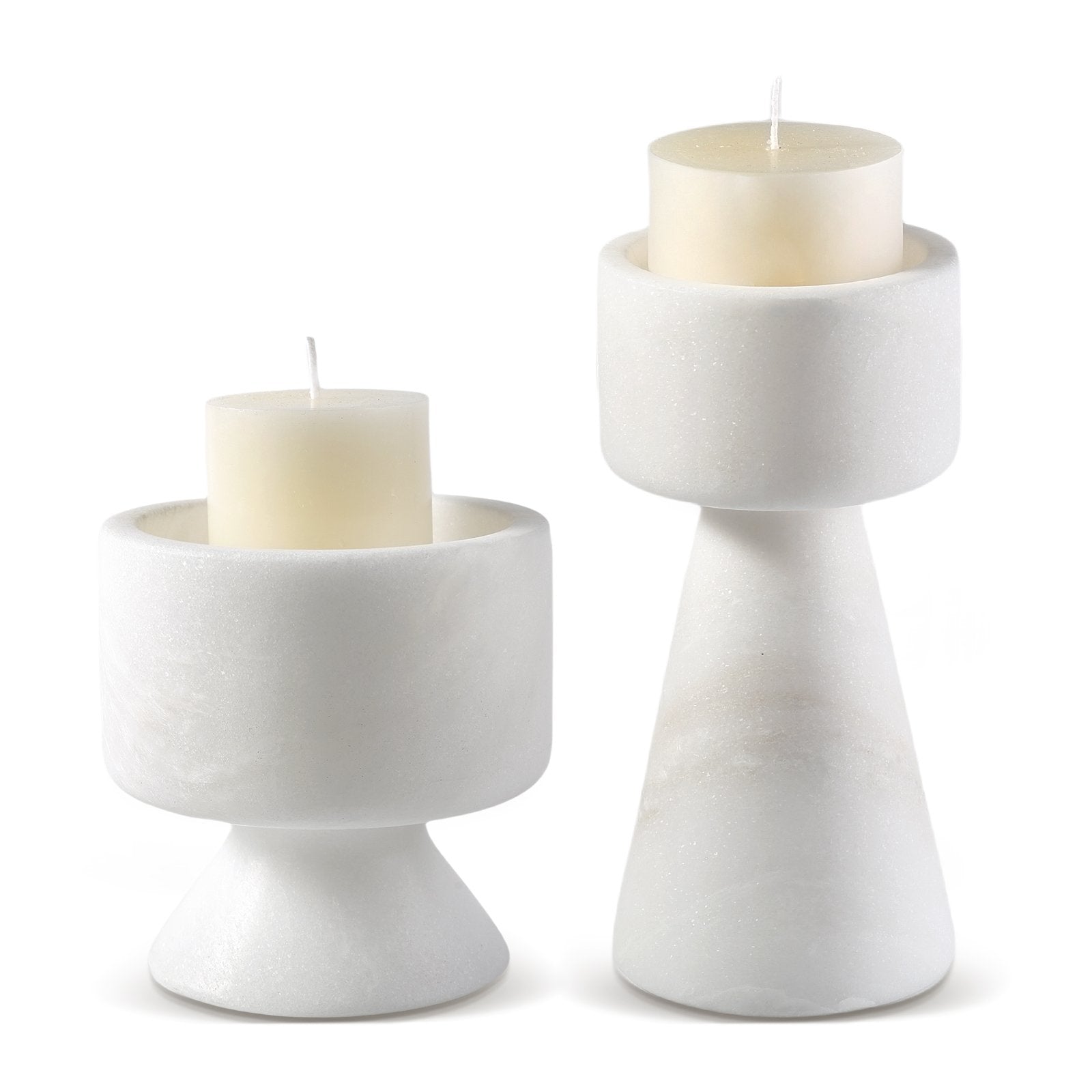 Koville natural marble lighthouse candlestick set in Namib Bianco with a lit tea light candle