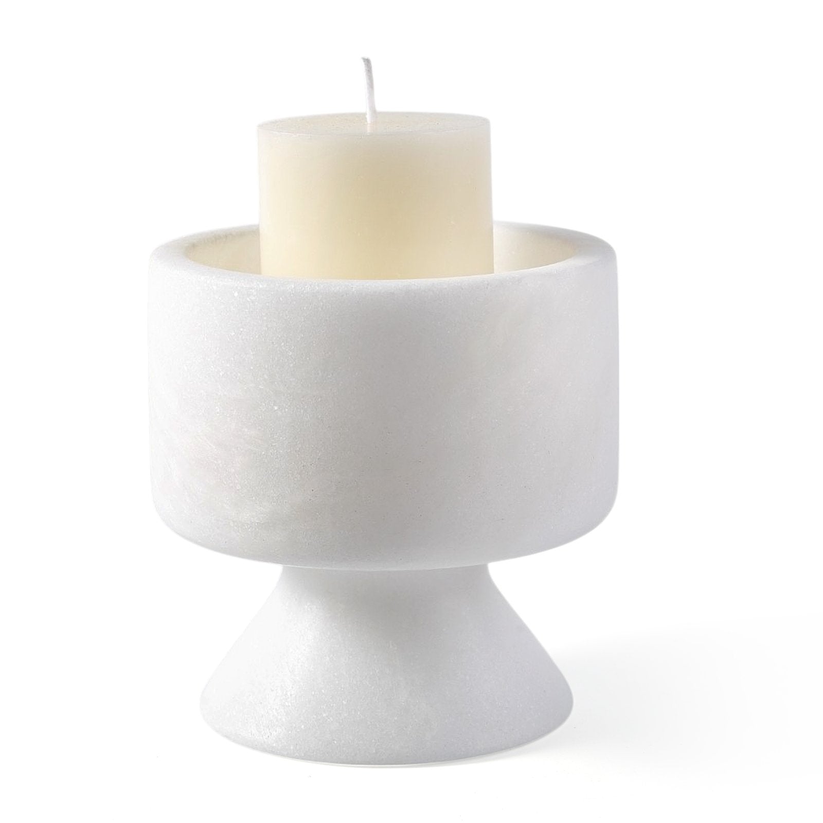 Koville natural marble lighthouse candle holder h 101 6 in Namib Bianco with a lit tea light candle