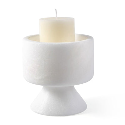 Koville candlestick in Namib Bianco with a lit tea light candle