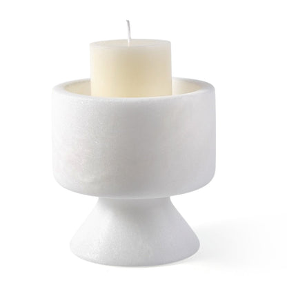 Koville natural marble lighthouse candle holder h 101 6 in Namib Bianco with a lit tea light candle