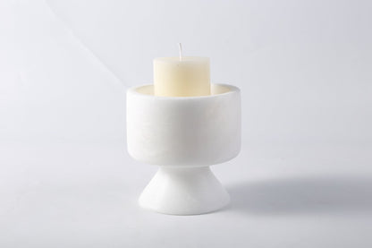 Koville natural marble lighthouse candle holder h 101 6 in Namib Bianco with a lit tea light candle