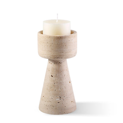 Koville natural marble lighthouse candle holder h 203 2 in Light BeigeTravertine with a lit tea light candle