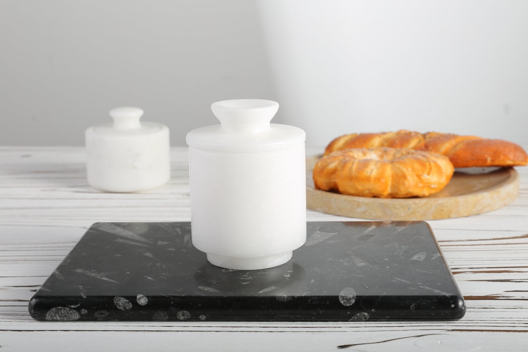 Koville white butter crock in natural stone