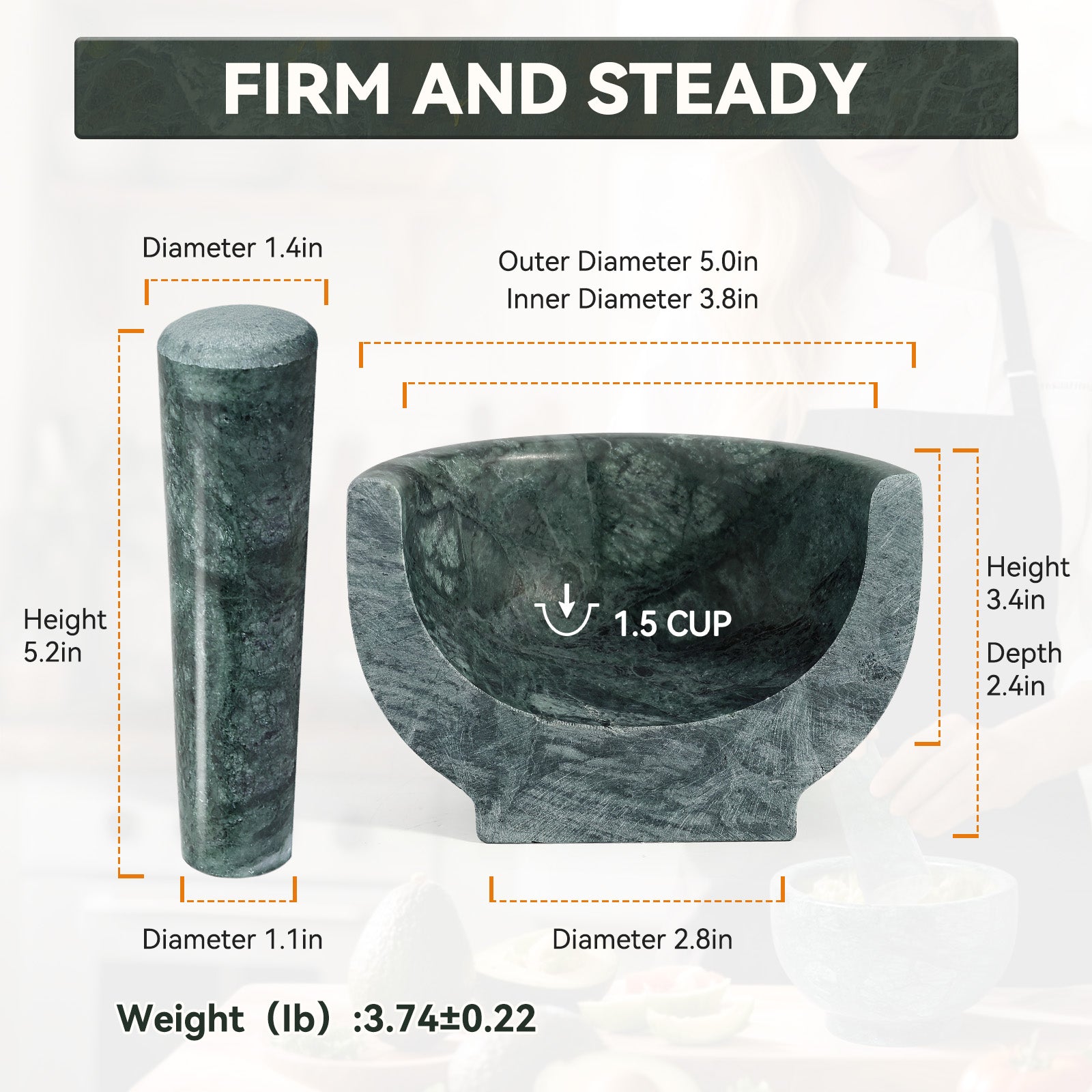 Koville honed Indian Green marble mortar and pestle, D=130 mm