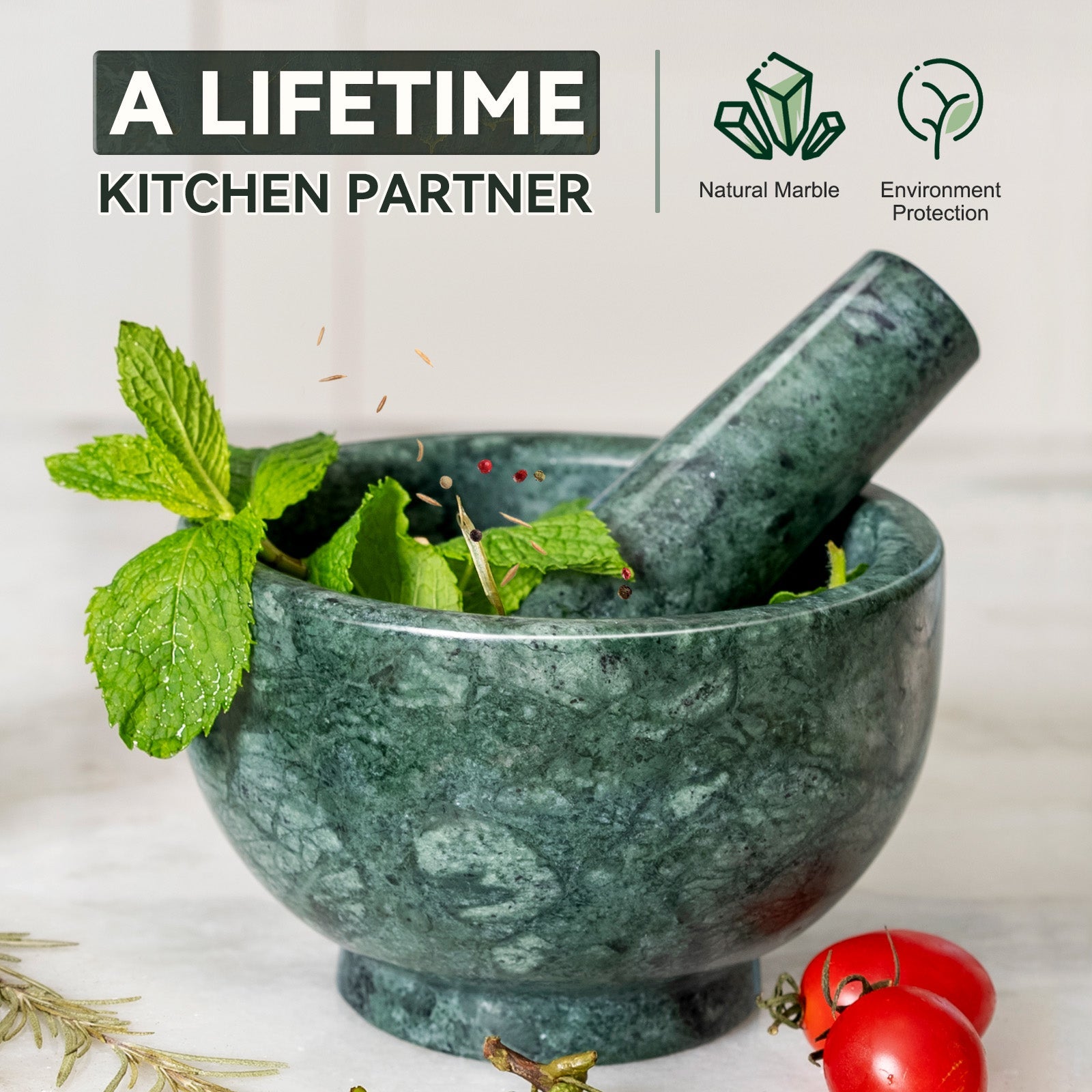 Koville honed Indian Green marble mortar and pestle, D=130 mm
