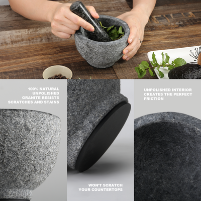 Koville sandblasted Angola Silver Black granite mortar and pestle, D=130mm