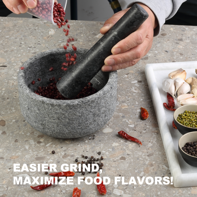 Koville sandblasted Angola Silver Black granite mortar and pestle, D=160 mm