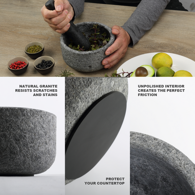 Koville sandblasted Angola Silver Black granite mortar and pestle, D=160 mm