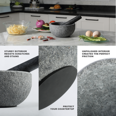 Koville sandblasted Angola Silver Black granite mortar and pestle, D=178 mm