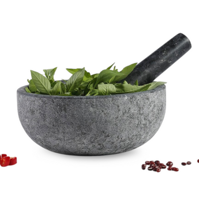 Koville sandblasted Angola Silver Black granite mortar and pestle, D=203 mm