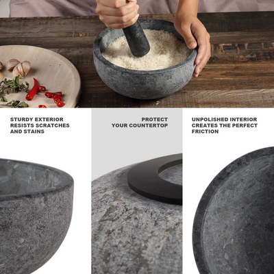 Koville sandblasted Angola Silver Black granite mortar and pestle, D=203 mm