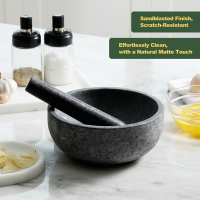 Koville sandblasted Angola Silver Black granite mortar and pestle, D=203 mm
