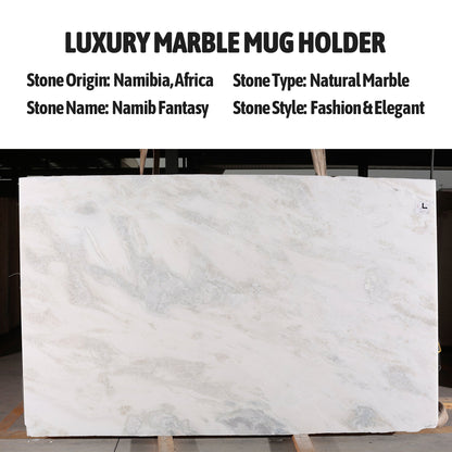 Koville Namib Fantasy natural marble mug holder displayed with its wooden rack