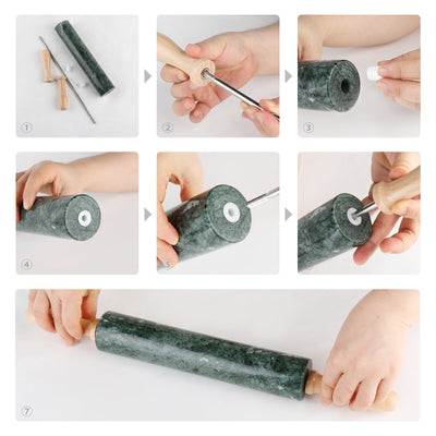 Koville Indian Green natural marble rolling pin with wooden rack styled in a kitchen setting