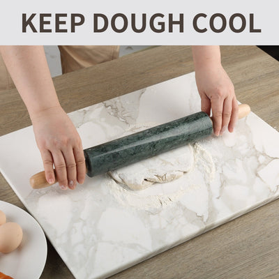 Koville Indian Green natural marble rolling pin with wooden rack displayed with its wooden rack