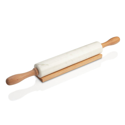 Koville Namib Fantasy natural marble rolling pin with wooden rack shown on a clean background