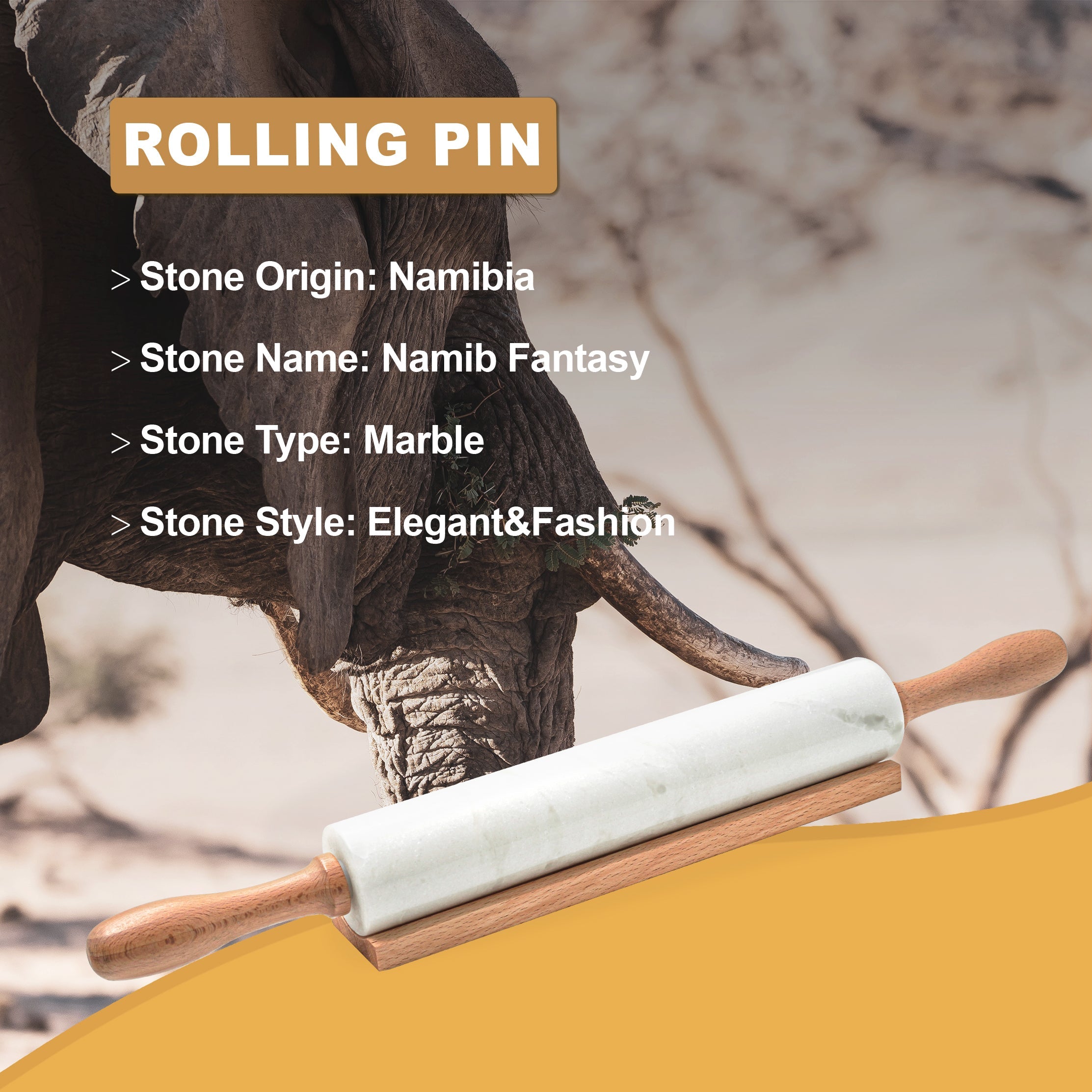 Koville Namib Fantasy natural marble rolling pin with wooden rack shown from an angled view