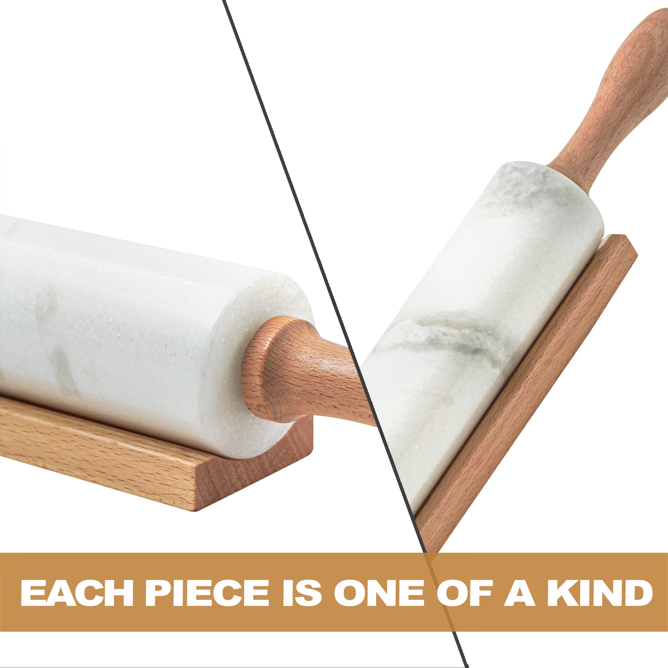 Koville Namib Fantasy natural marble rolling pin with wooden rack styled in a kitchen setting