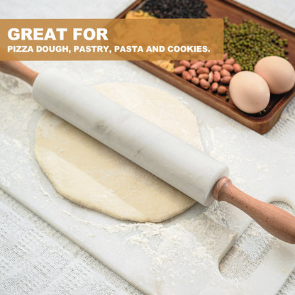 Koville Namib Fantasy natural marble rolling pin with wooden rack shown in detail