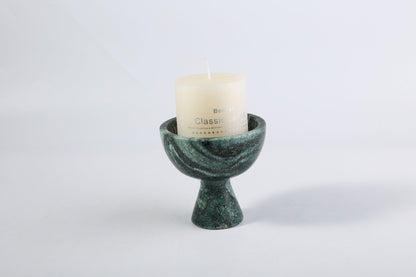 Koville natural marble storage cup 105 100 in Verde Lapponia with lid on a vanity counter