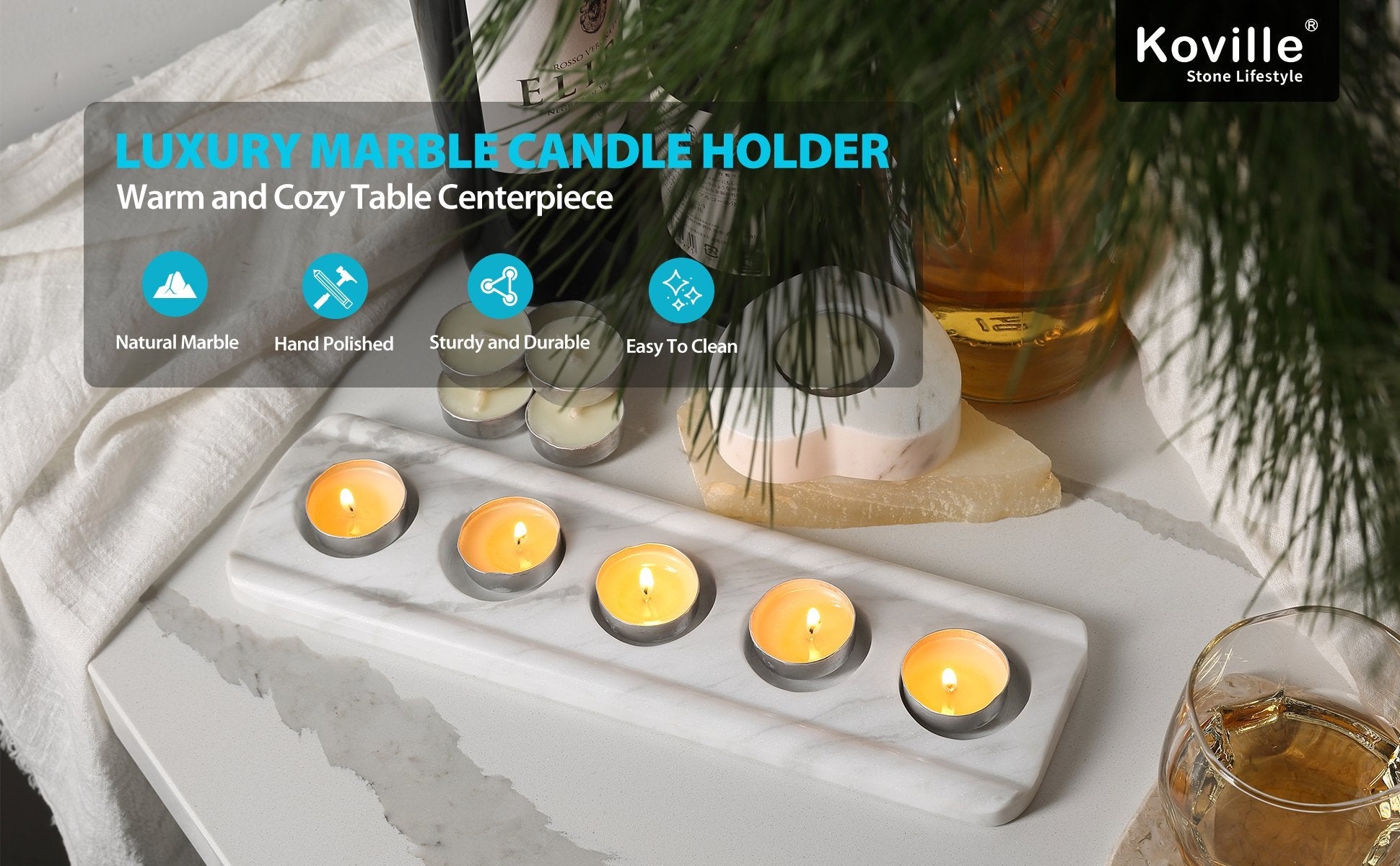 Koville natural marble tea light candle holder 5 holes in Agiax with a lit tea light candle