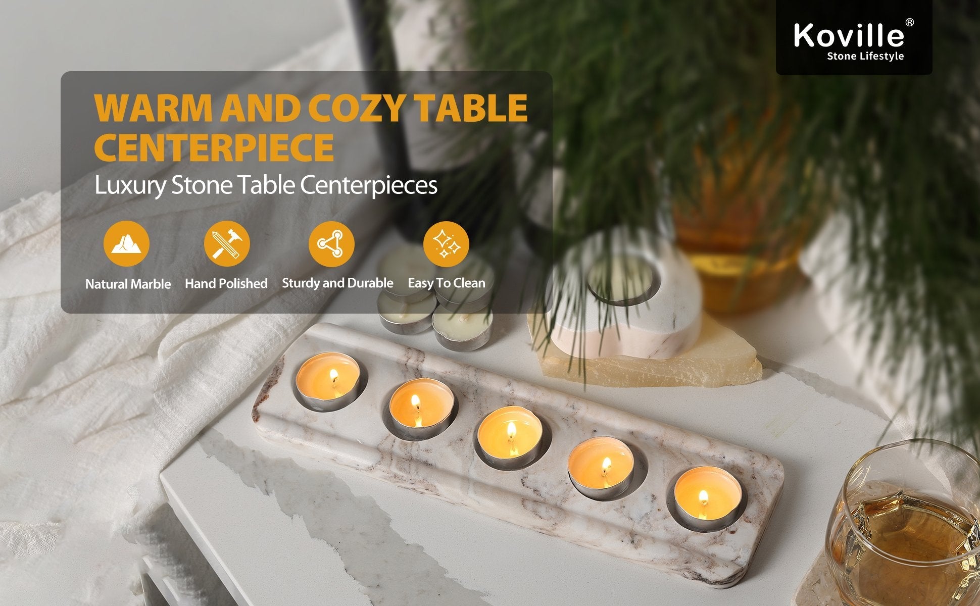 Koville natural marble tea light candle holder 5 holes in Palissandro Classico with a lit tea light candle